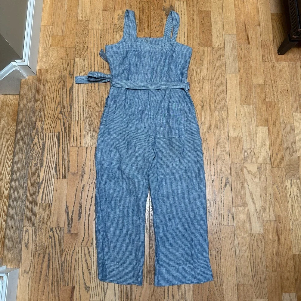 EVERLANE Blue White Striped Sleeveless 100% Linen Jumpsuit Women’s Size 4